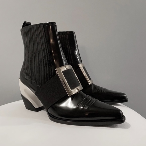 RARE! Roger Vivier Viv’ Tex Black Patent Ankle Chelsea Boots - Picture 2 of 16